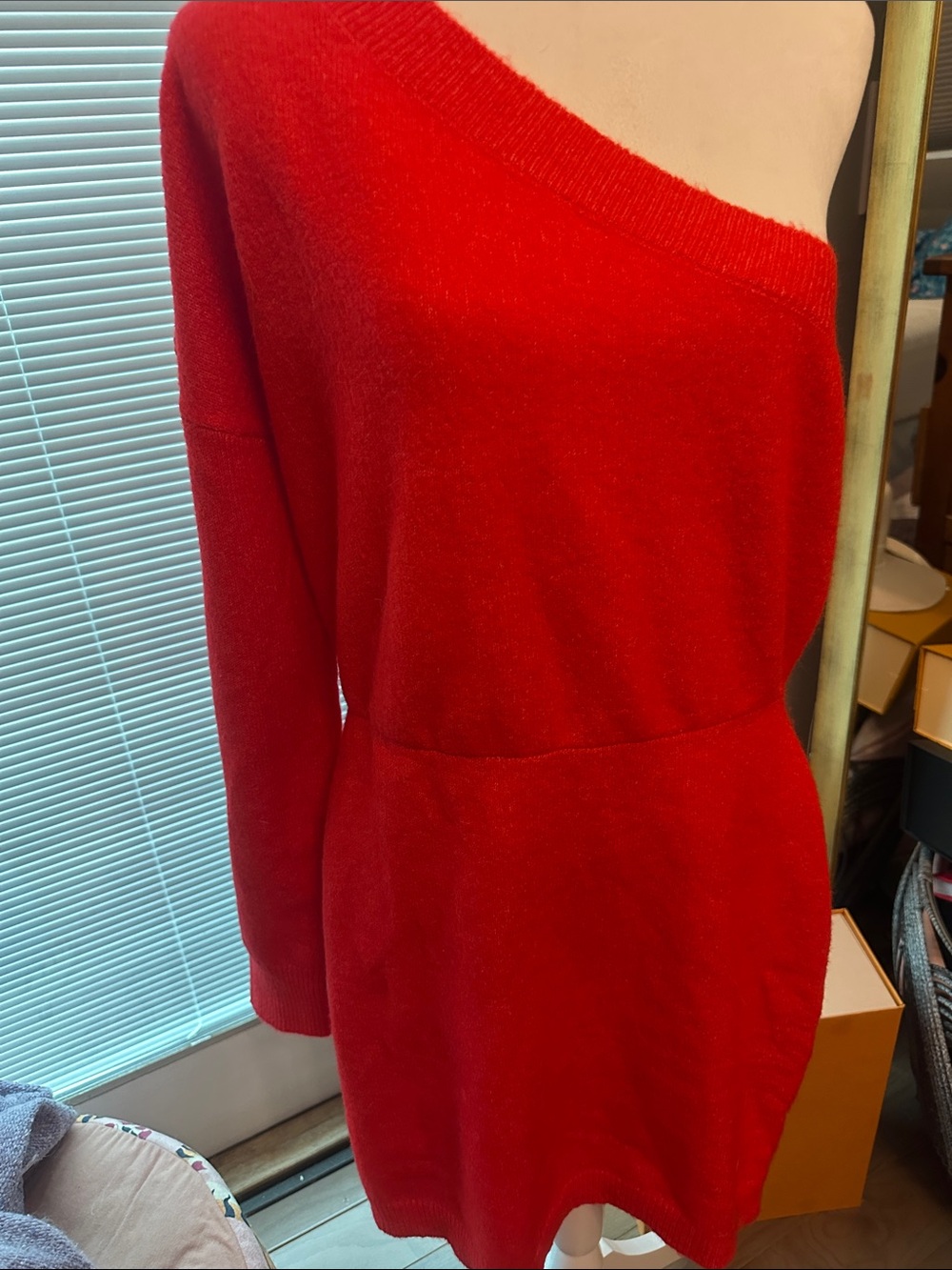 Classic Red Off-the-Shoulder Sweater Dress